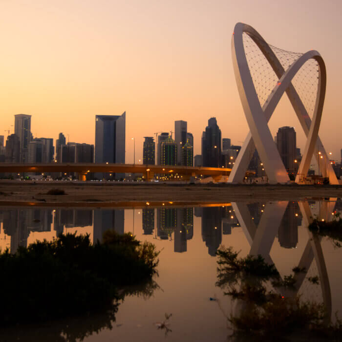 Image shows Arch Roundabout in Doha, Qatar