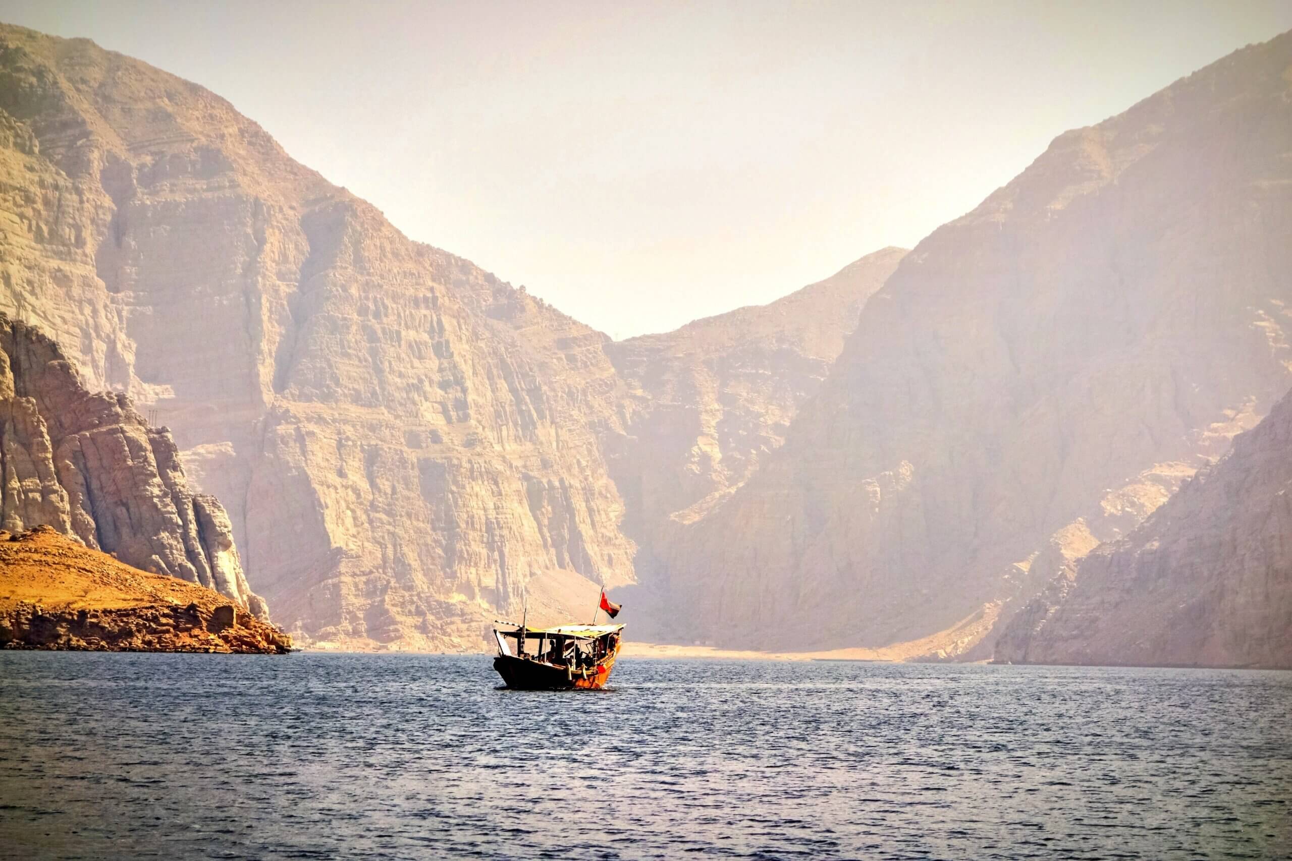 Image of dhow on sea in Musandam, Oman.