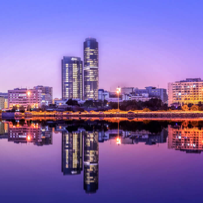 View of buildings in Jeddah, Saudi Arabia at night