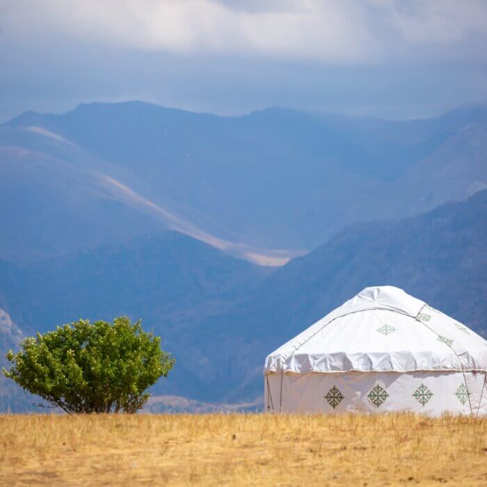 Tent in field with mountains in background